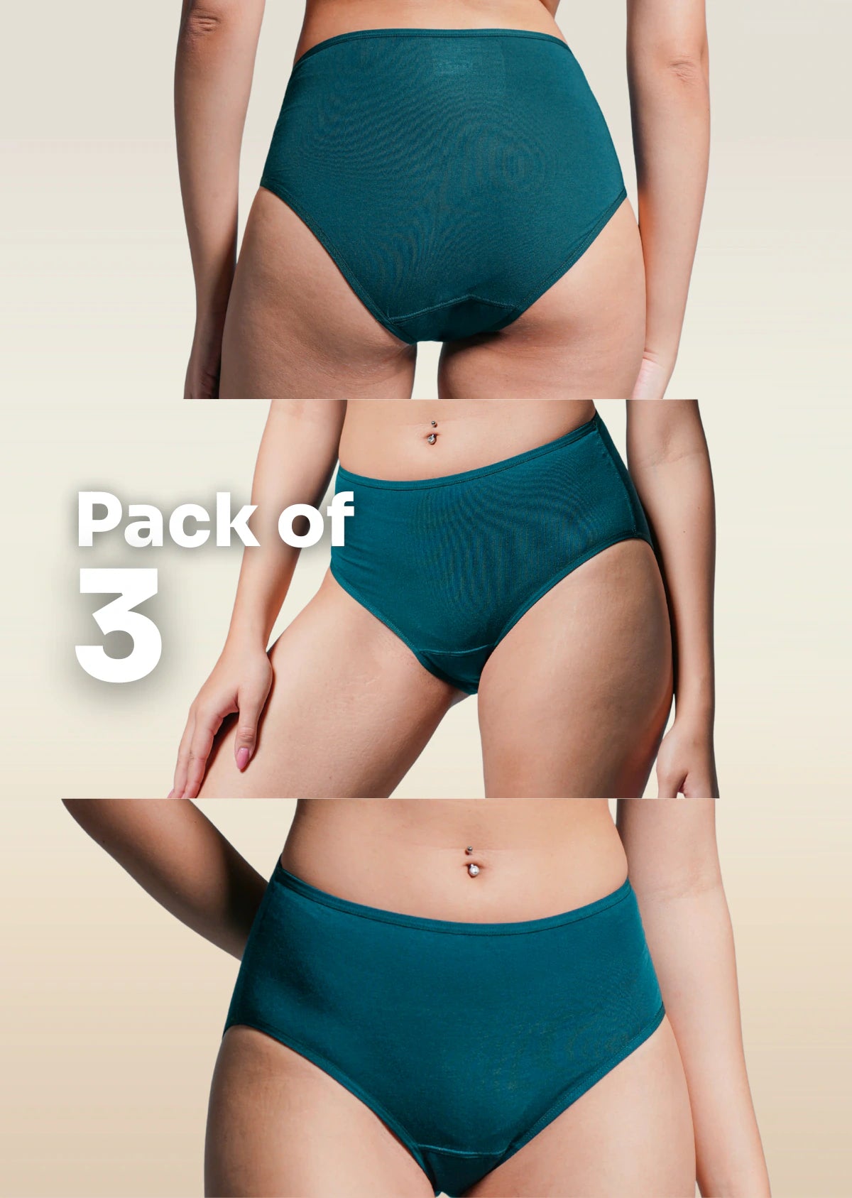 Teal mid-waist underwear displayed on a beige background with 'Pack of 3' text.
