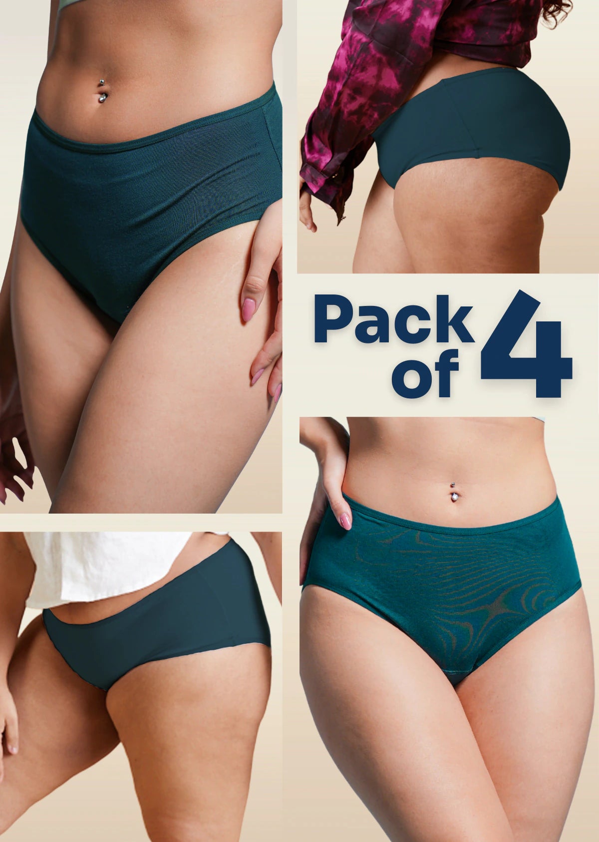 4 Pack - Teal Mid-waist Absorbent Underwear
