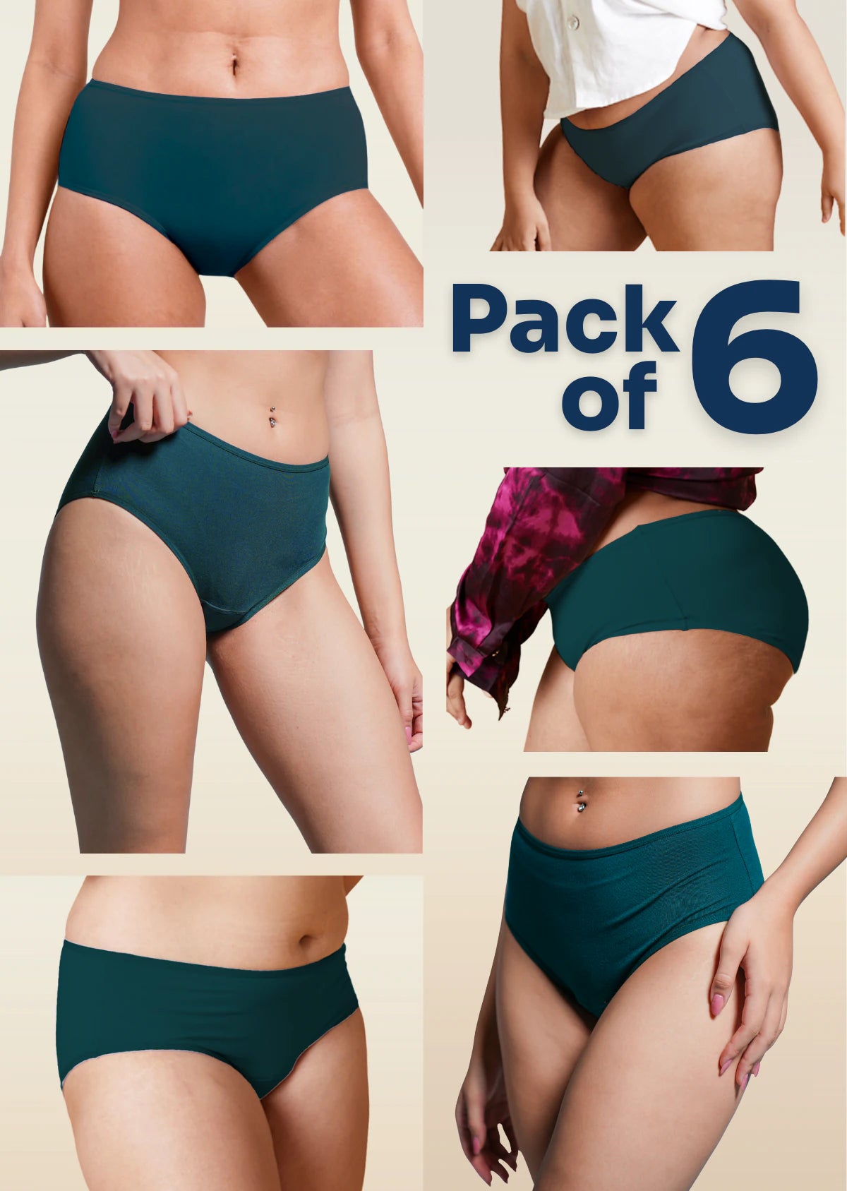 6 Pack - Teal Mid-waist Absorbent Underwear