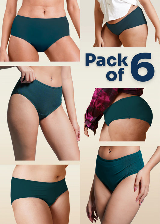 6 Pack - Teal Mid-waist Absorbent Underwear