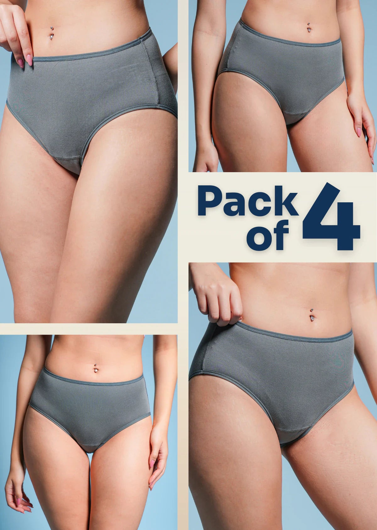 4 Pack - Grey Mid-waist Absorbent Underwear