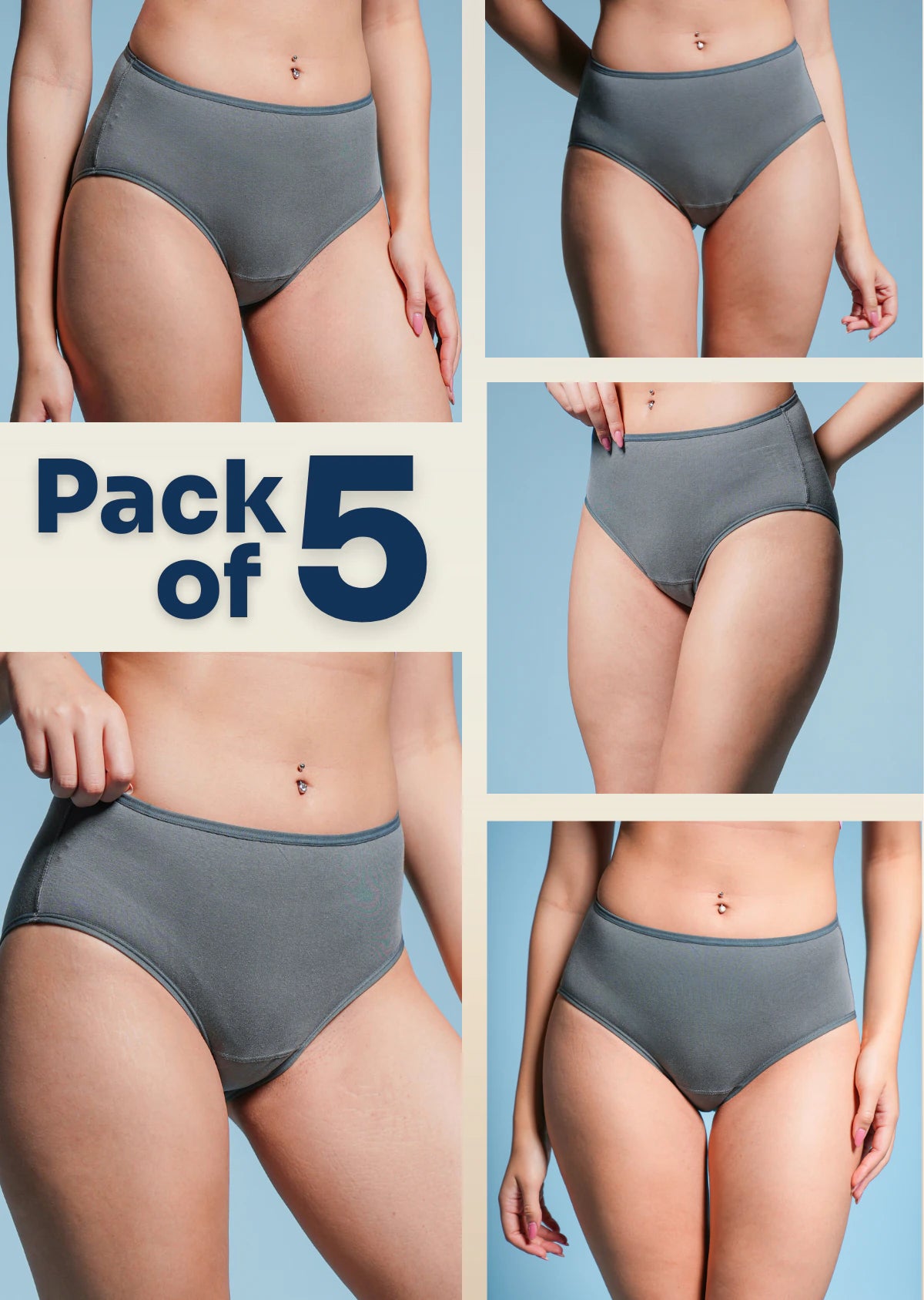 5 Pack - Grey Mid-waist Absorbent Underwear