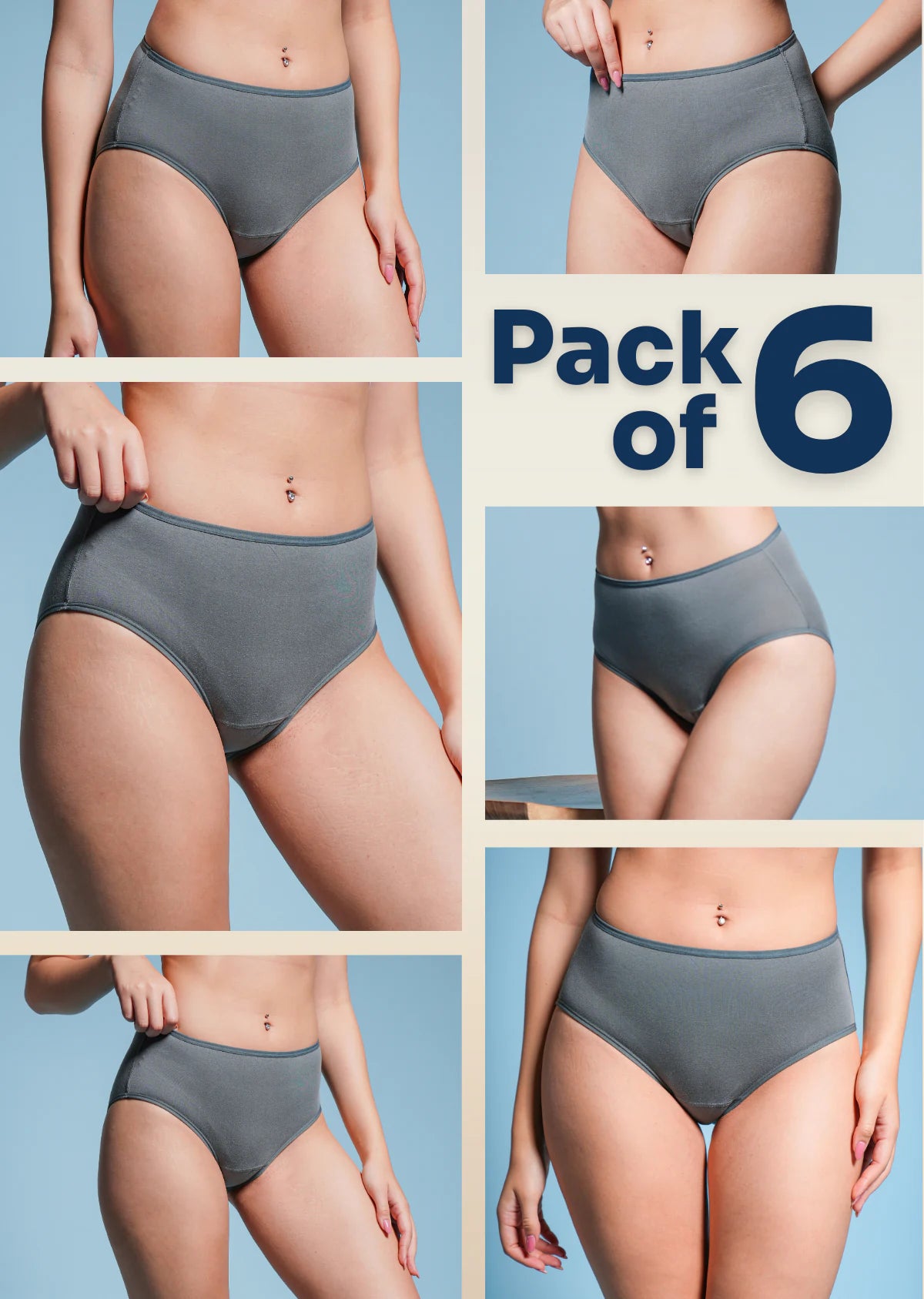 6 Pack - Grey Mid-waist Absorbent Underwear