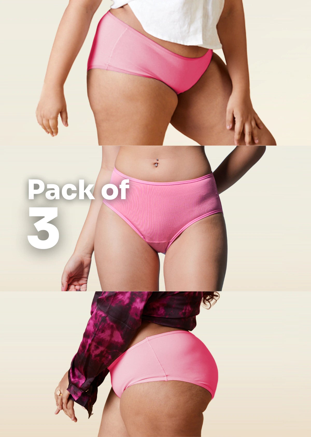 3 Pack - Pink Mid-waist Absorbent Underwear