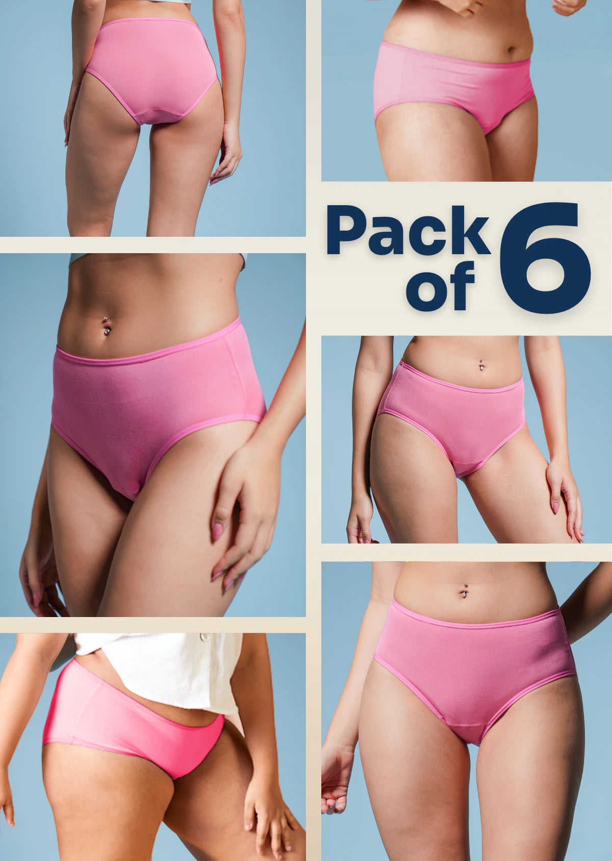 6 Pack - Pink Mid-waist Absorbent Underwear