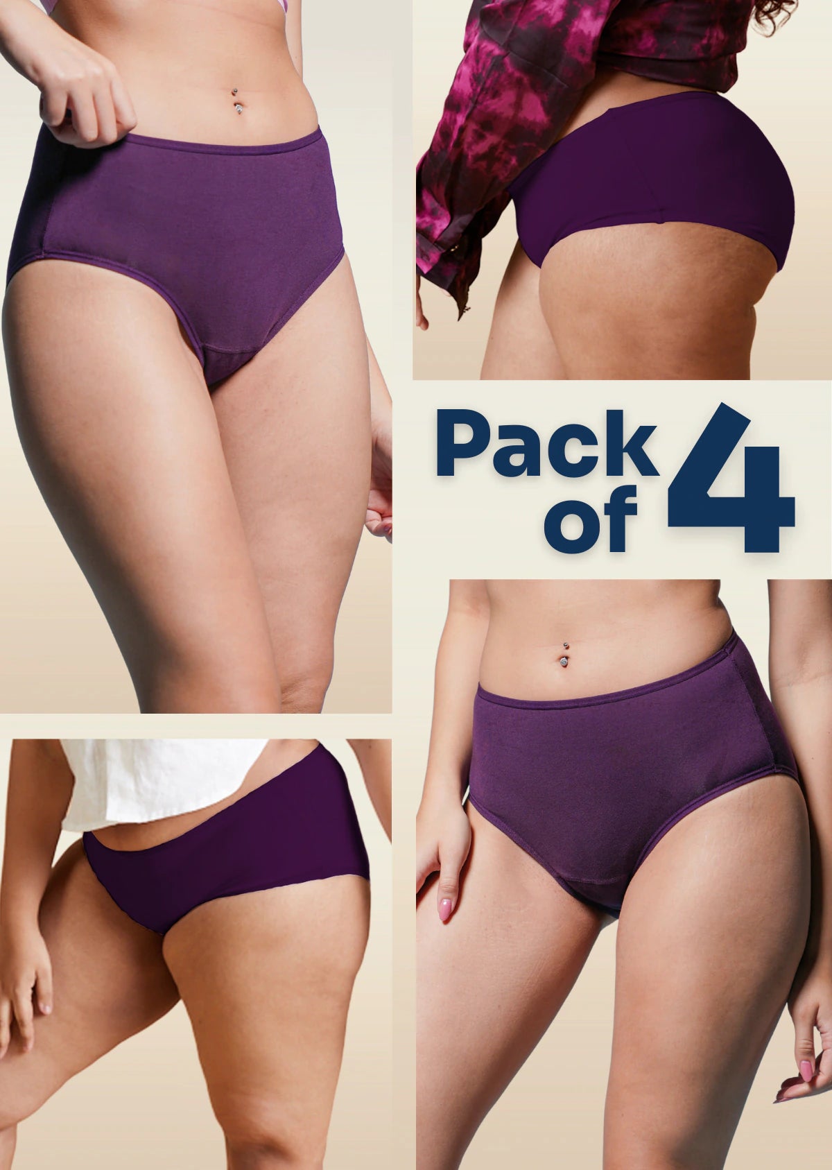 4 Pack - Violet Mid-waist Absorbent Underwear