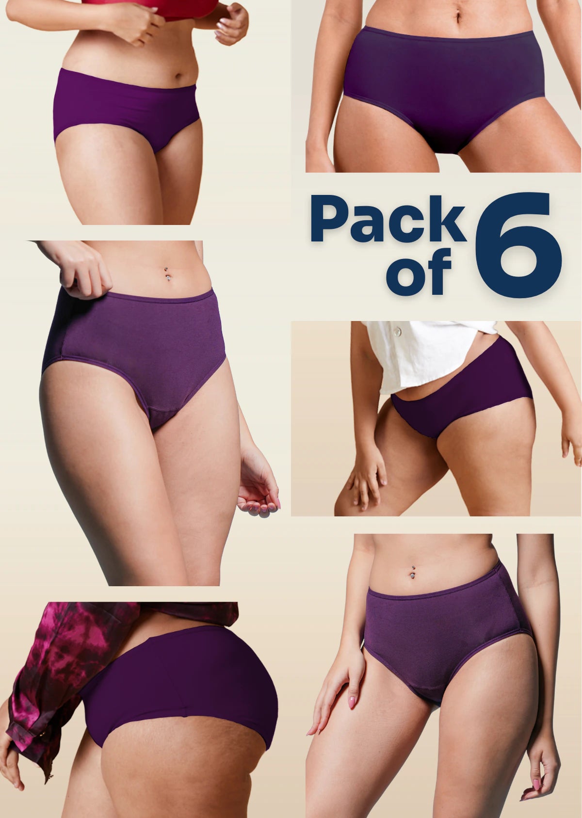 6 Pack - Violet Mid-waist Absorbent Underwear
