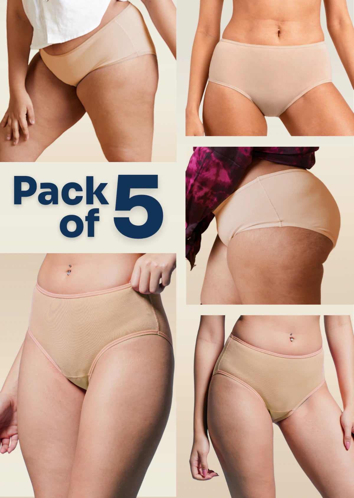 5 Pack - Beige Mid-waist Absorbent Underwear