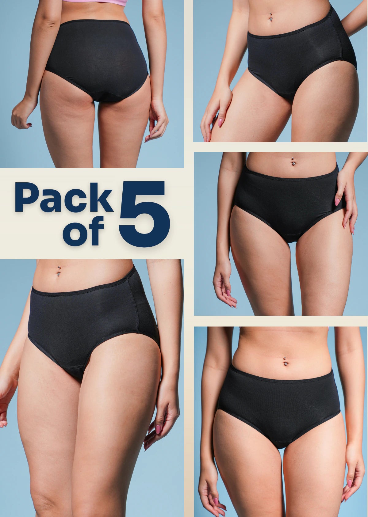 5 Pack - Black Mid-waist Absorbent Underwear