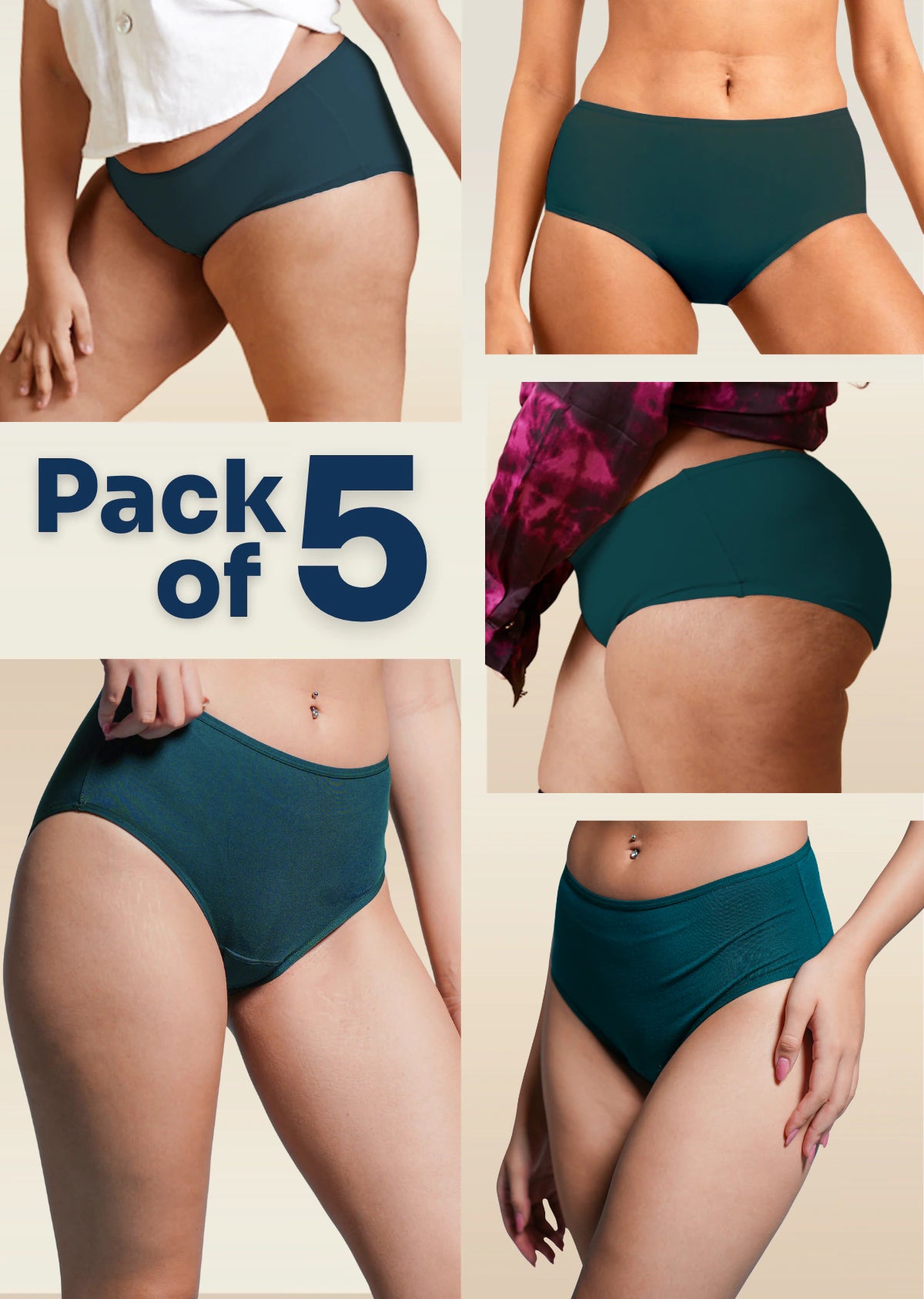 5 Pack - Teal Mid-waist Absorbent Underwear