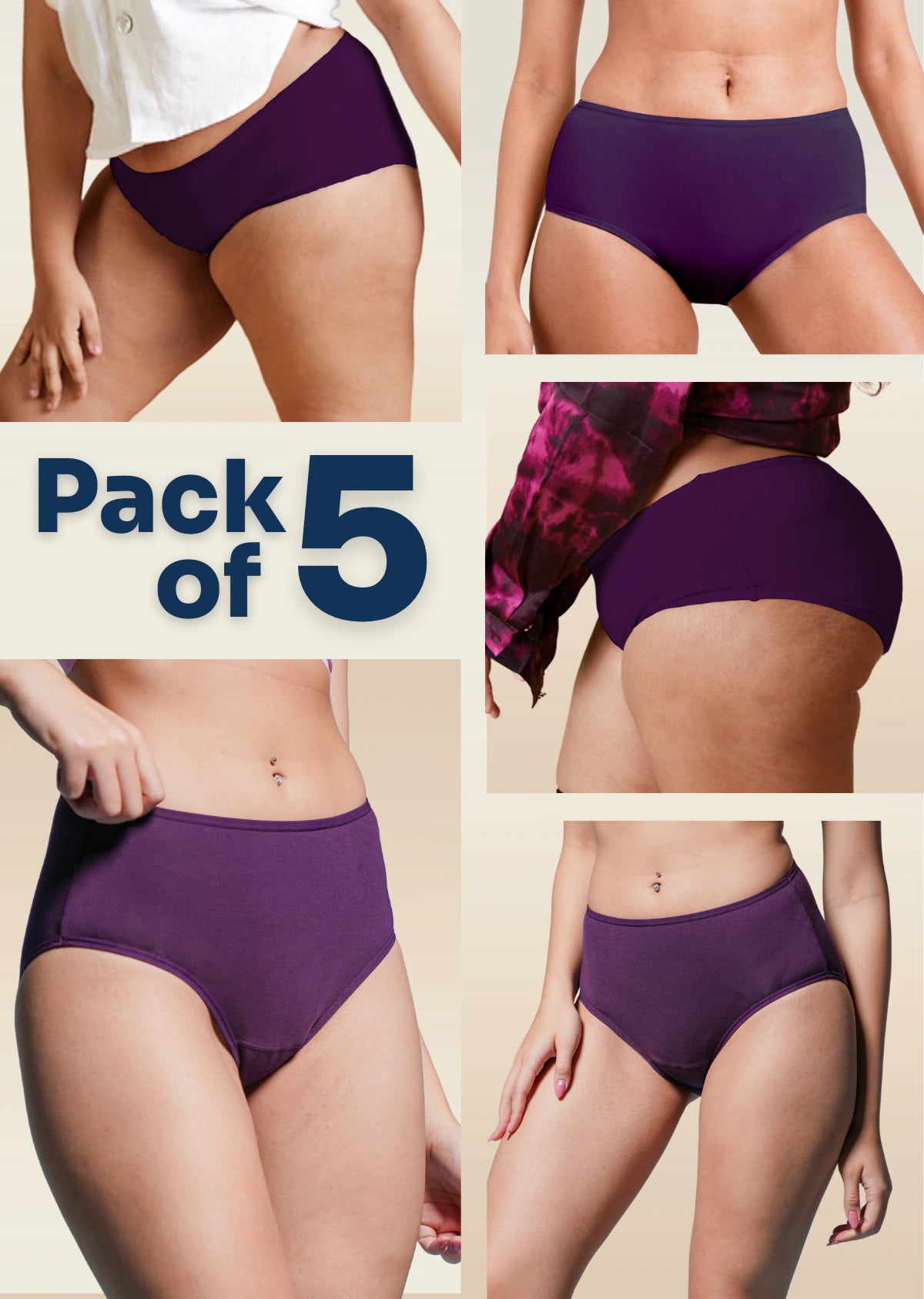5 Pack - Violet Mid-waist Absorbent Underwear