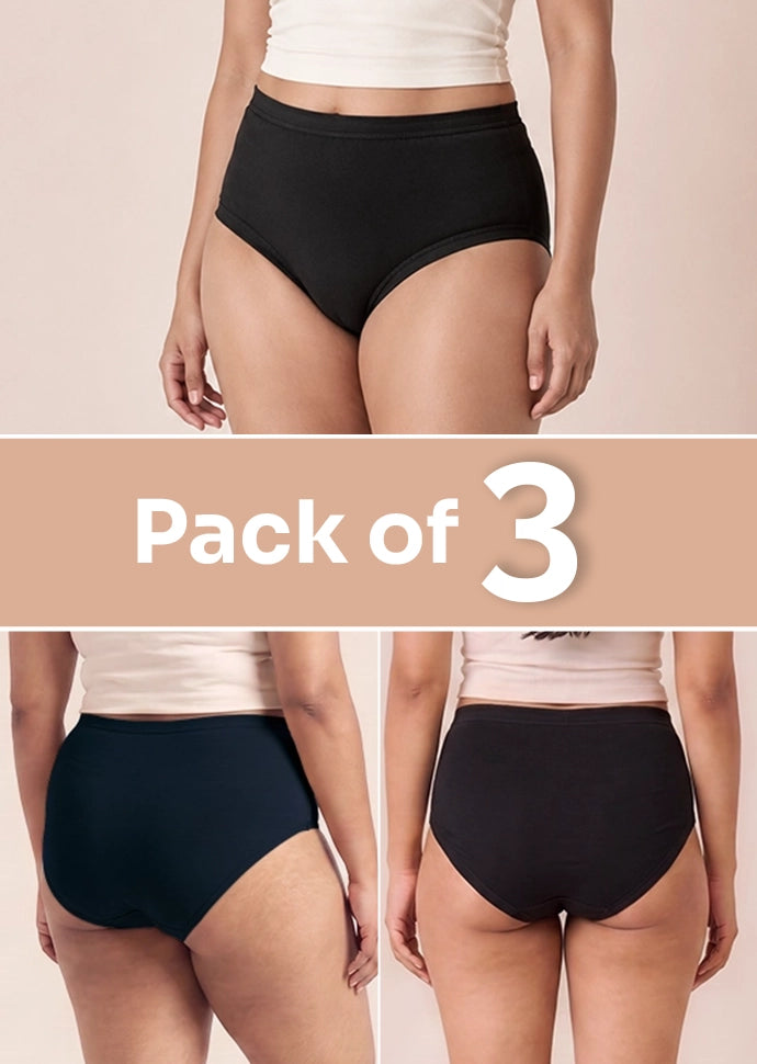 3 Pack - Black High-waist Cotton Absorbent Underwear