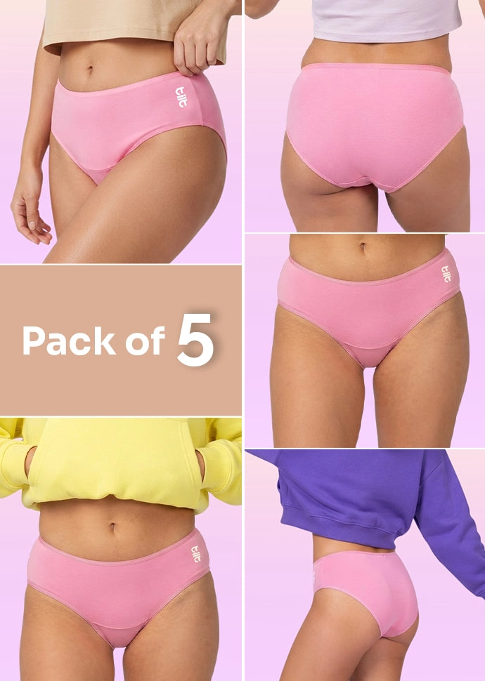 5 Pack - Teen! Mid-waist Bamboo Absorbent Underwear - Pink