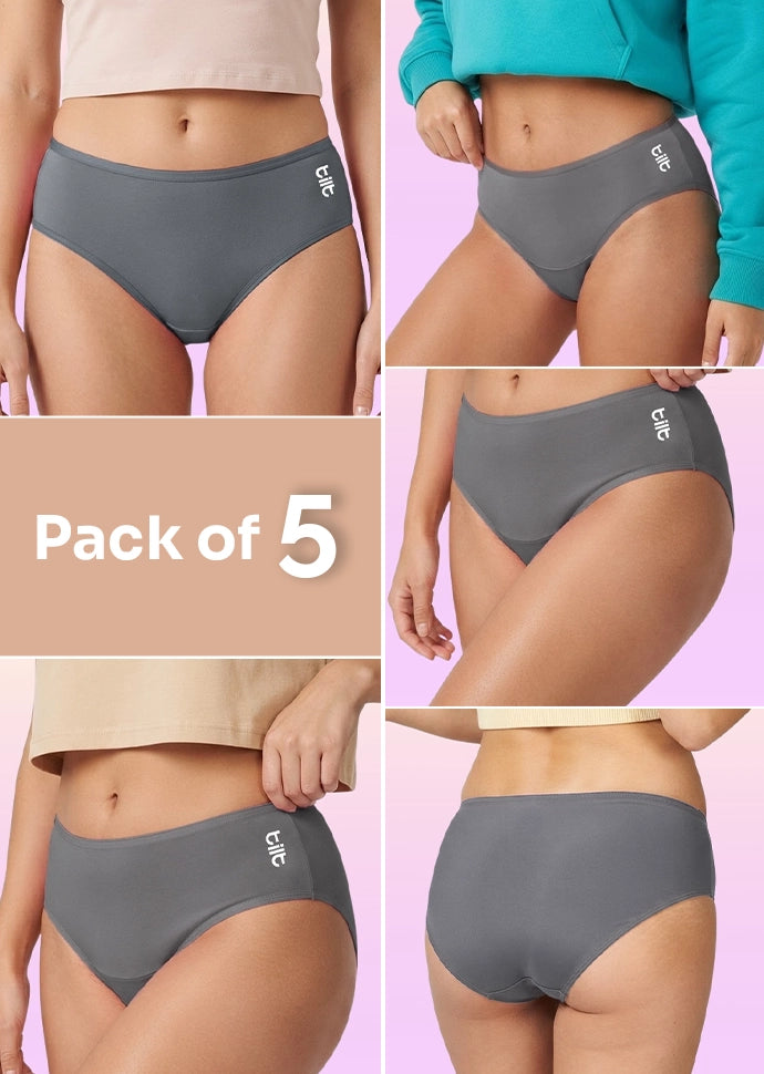5 Pack - Teen! Mid-waist Bamboo Absorbent Underwear - Grey