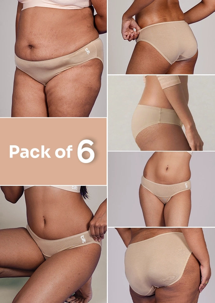 6 Pack - Beige Low-waist Bamboo Absorbent Underwear