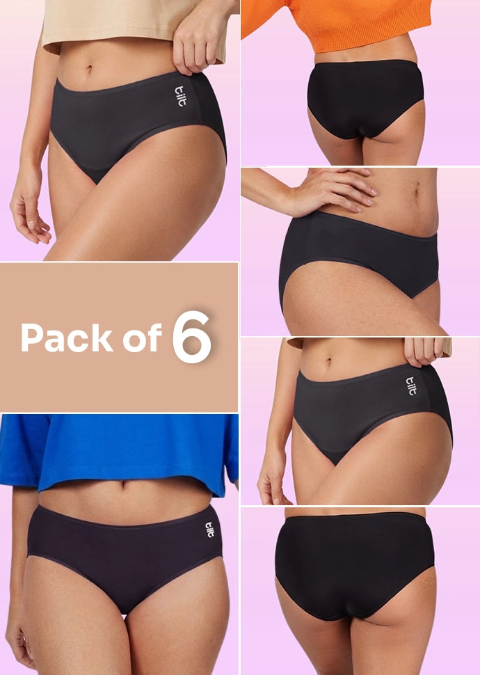 6 Pack - Teen! Mid-waist Bamboo Absorbent Underwear - Black