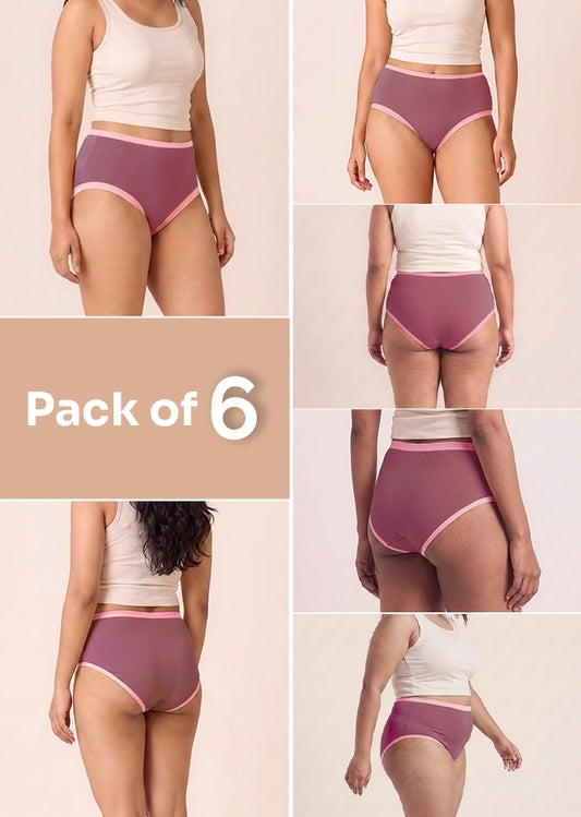 6 Pack - Mauve High-waist Cotton Absorbent Underwear