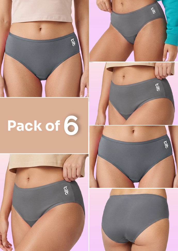 6 Pack - Teen! Mid-waist Bamboo Absorbent Underwear - Grey