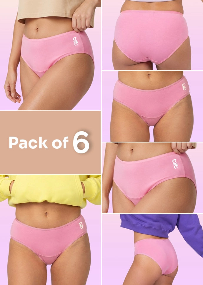 6 Pack - Teen! Mid-waist Bamboo Absorbent Underwear - Pink