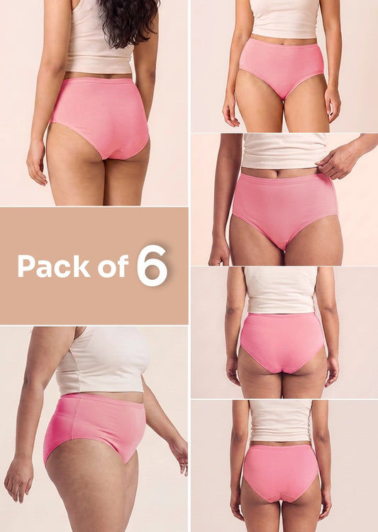 6 Pack - Pink High-waist Cotton Absorbent Underwear