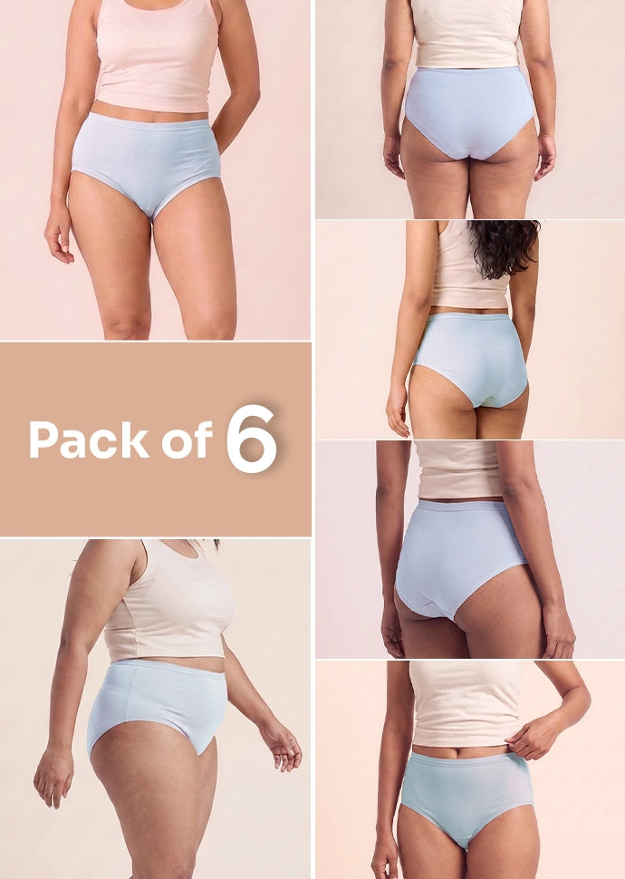 6 Pack - Blue High-waist Cotton Absorbent Underwear