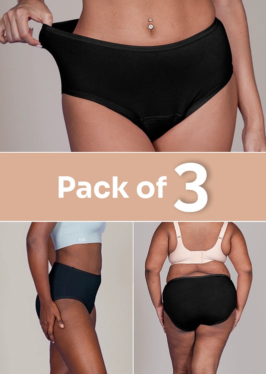3 Pack - Black High-waist Cotton Absorbent Underwear