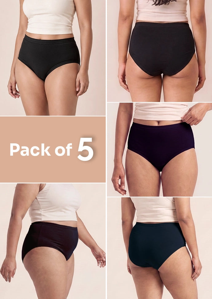 5 Pack - Black High-waist Cotton Absorbent Underwear