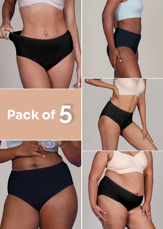 5 Pack - Black High-waist Cotton Absorbent Underwear