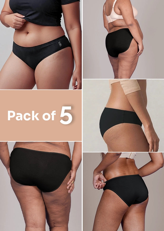5 Pack - Black Low-waist Bamboo Absorbent Underwear