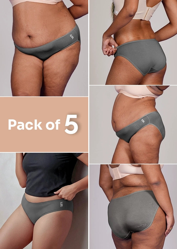 5 Pack - Grey Low-waist Bamboo Absorbent Underwear