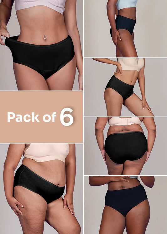 6 Pack - Black High-waist Cotton Absorbent Underwear