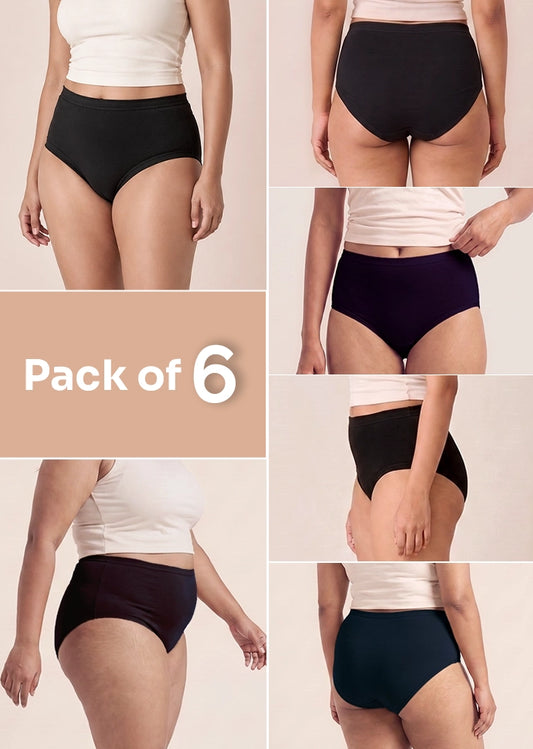 6 Pack - Black High-waist Cotton Absorbent Underwear