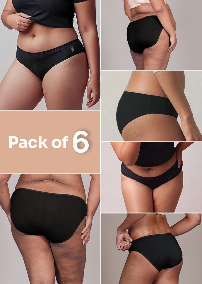 6 Pack - Black Low-waist Bamboo Absorbent Underwear