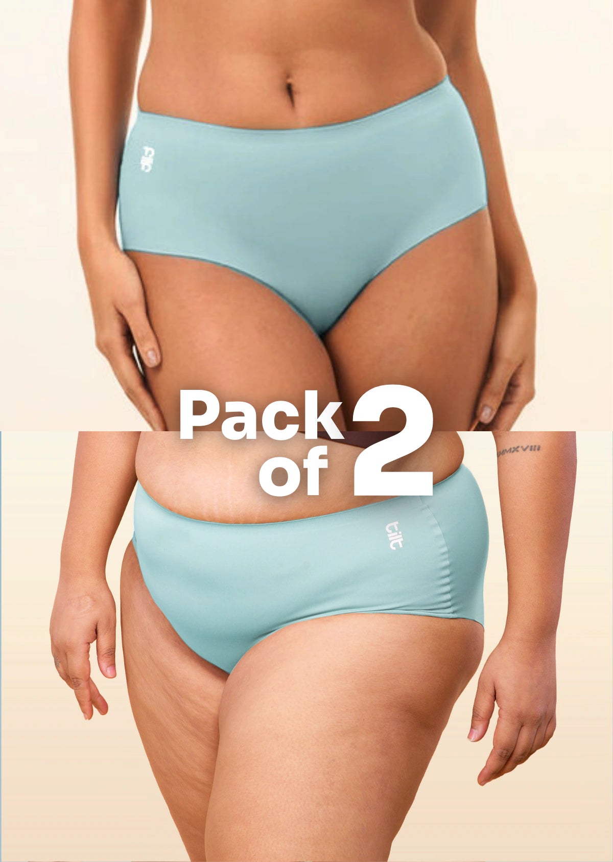 two-panel collage showing blue mid-waist Underwear with a "Pack of 2" text overlay.