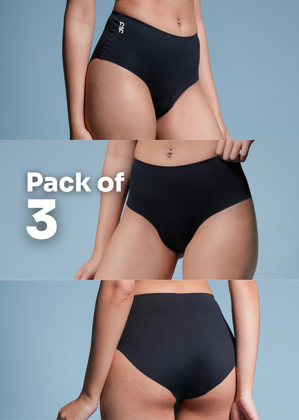 Vertical three-panel collage of different people wearing black briefs with a large white "Pack of 3" text overlay
